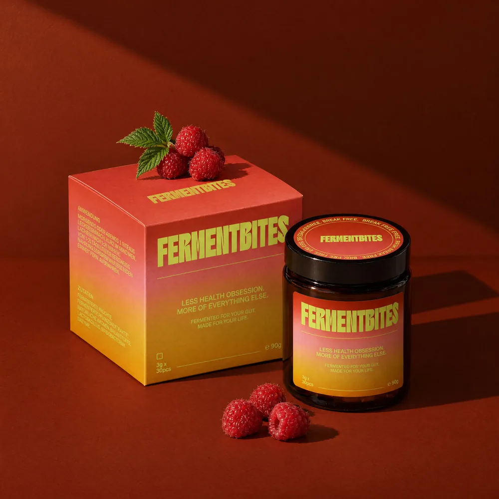 FERMENTBITES Himbeer – Box und Glas